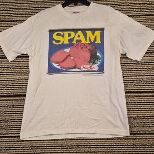 SPAM Hormel Foods Tee Jays White Cotton USA Single Stitch L Mens T Shirt 90s VTG